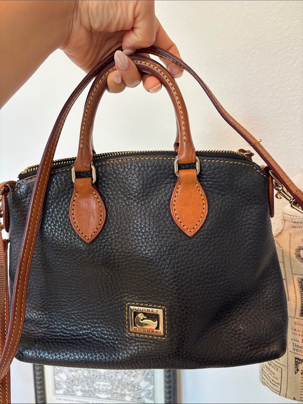 Dooney & Bourke Black Leather Satchel with Brown Trim - Picture 5 of 5